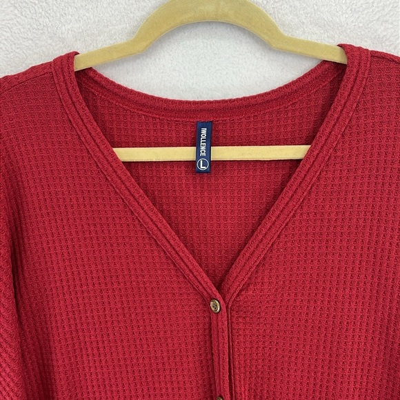 IWOLLENCE Women’s Waffle Knit Top Loose Long Sleeve Button Up Tie Top, Brick Red - Picture 2 of 12